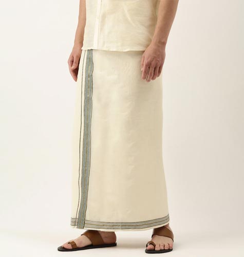Men Off-White Solid Pure Cotton Dhoti With Green Border